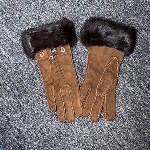 Coach Brown Suede Gloves with Black Faux Fur Cuff and Buckle